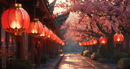 lanterns lined up on the pathway.の素材
