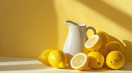 lemons and pitcher against a yellow background.の素材