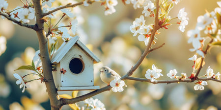 spring birdhouse with spring cherry blossom background.の素材
