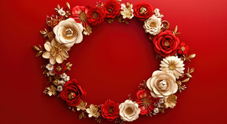 red and gold floral frame on the wall.の素材