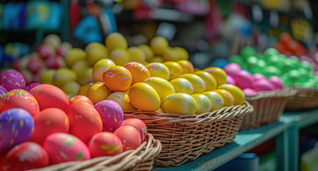 color coordinated easter eggs in baskets at market.の素材