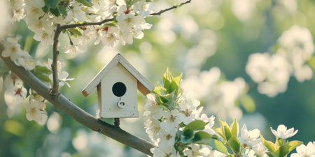 spring birdhouse with spring cherry blossom background.の素材