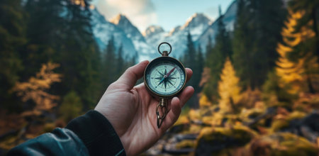 person holding compass with forest and mountains in the background.の素材
