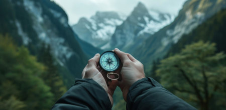 person holding compass with forest and mountains in the background.の素材