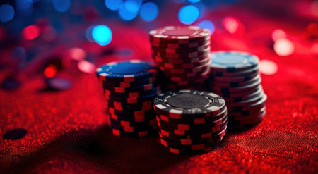 stacked up poker chips on surface of red background.の素材