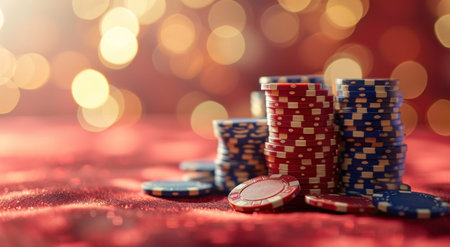 stacked up poker chips on surface of red background.の素材