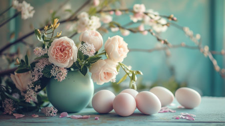 some flowers sitting on a table next to eggs.の素材