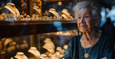 senior jewelry shop owner stands in front of ring display.の素材