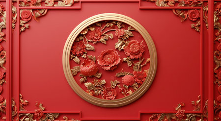 red and gold floral frame on the wall.の素材