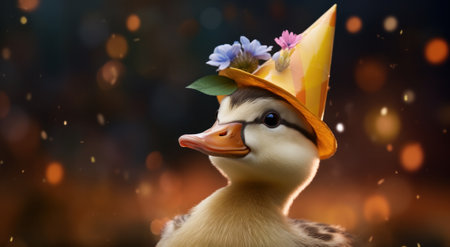 a small duck wearing a party hat.の素材