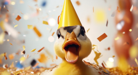 a duck in a party hat with confetti all over.の素材