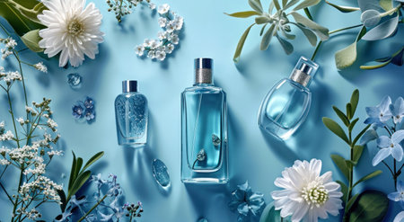 the perfume bottles are arranged on a blue background.の素材