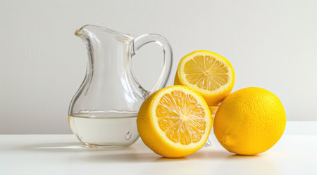 two lemons and a pitcher on a white table.の素材