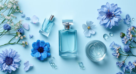 various perfumes on a blue background next to blue flowers.の素材