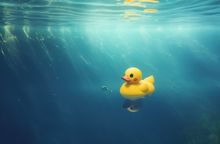 a rubber duck in the pool with some sun lights.の素材