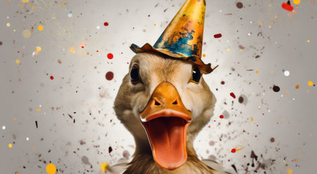 duck with confetti in his party hat.の素材