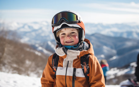 a boy skiing in the mountains with his gear on.の素材