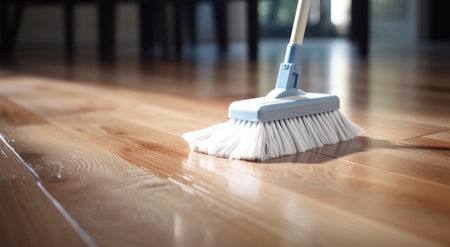 brooming a hardwood floor with white broom.の素材