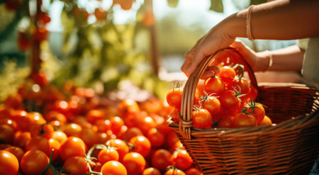 hand tomatoes collecting in baskets in a farmer's market.の素材