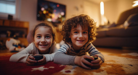 children playing a video game with a controller laying on a rug in a living room.の素材