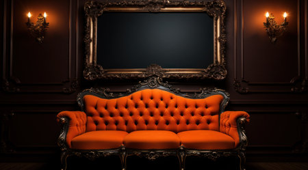 an orange couch with a frame displayed on an ornate wall.の素材