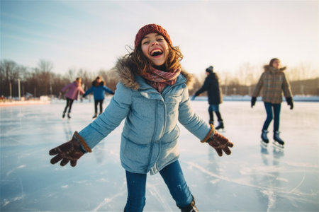 a young girl is hysterical and enjoying herself on the ice rink with her family.の素材