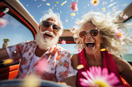 an elderly couple laughing while driving in a car.の素材