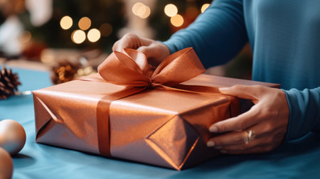 gift wrapping with present in blue wrapping paper.の素材