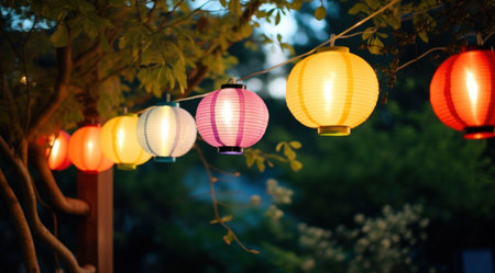 colorful paper lanterns hung in trees.の素材
