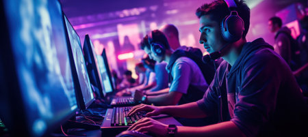 people with headsets in an online game at an event.の素材