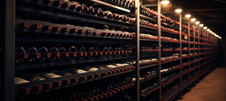 rows of wine bottles on racks in a cellar.の素材