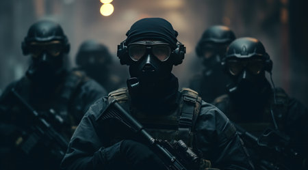soldiers wearing masks and firearms in the dark.の素材