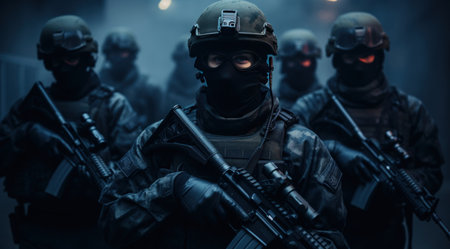 soldiers wearing masks and firearms in the dark.の素材