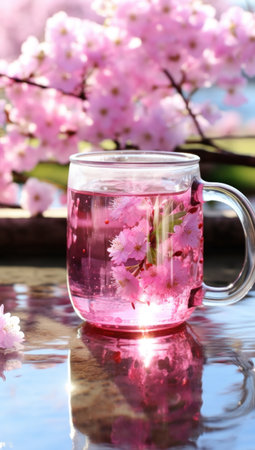 pink herb tea mug with pink flowers.の素材
