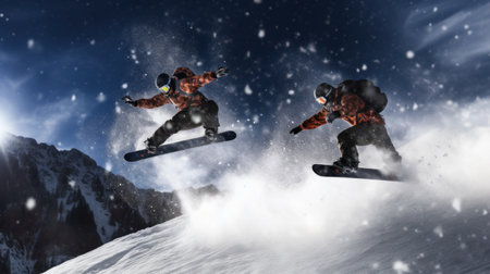 snowboarders catching air off a large jump, with snow spraying behind them.の素材