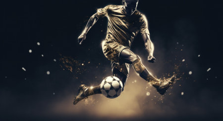 soccer player kicks a soccer ball in the air.の素材