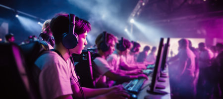 people with headsets in an online game at an event.の素材