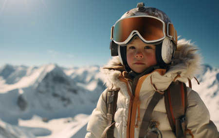 kid is standing in ski gear with goggles on a mountain.の素材