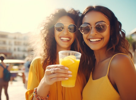 women friends holding orange juice on street talking in sunglasses.の素材