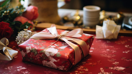 wrapping present and wrapping paper, a gift wrapped, ready to go.の素材