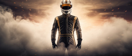 the man is racing on a track with a car.の素材