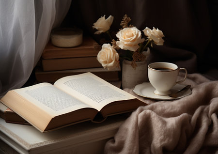 the power of a cup of tea and an open book.の素材