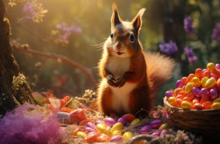 animal photography of squirrel with chocolate in forest.の素材