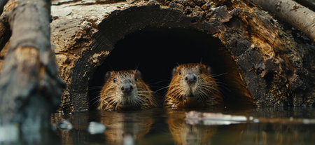 beavers peering through a camera hole.の素材