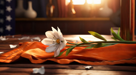 the flag of India on a table with flowers around it.の素材