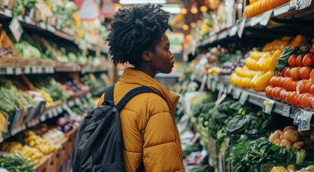 a black woman shopping at healthy food market.の素材