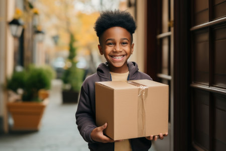a black delivery man holding a package.の素材