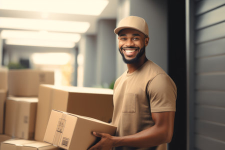 a black delivery man holding a package.の素材