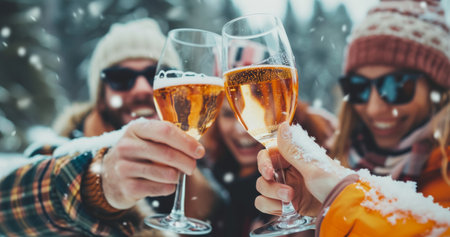 happy people drinking wine on a winter day.の素材