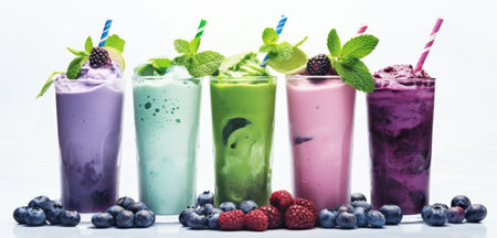 several drinks with purple berries, mint and blue smoothie on a white background.の素材
